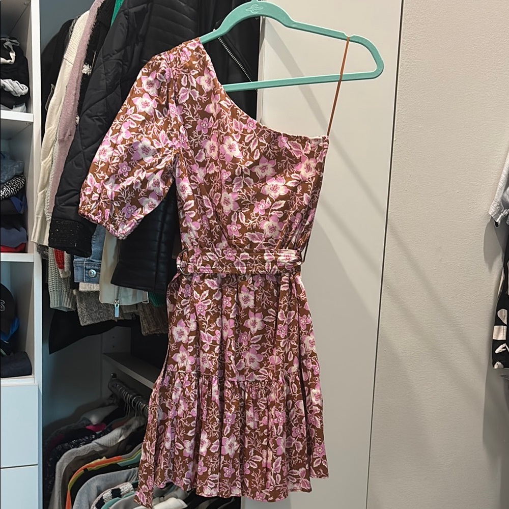 Jason Wu One Shoulder Floral Dress in Pink and Brown